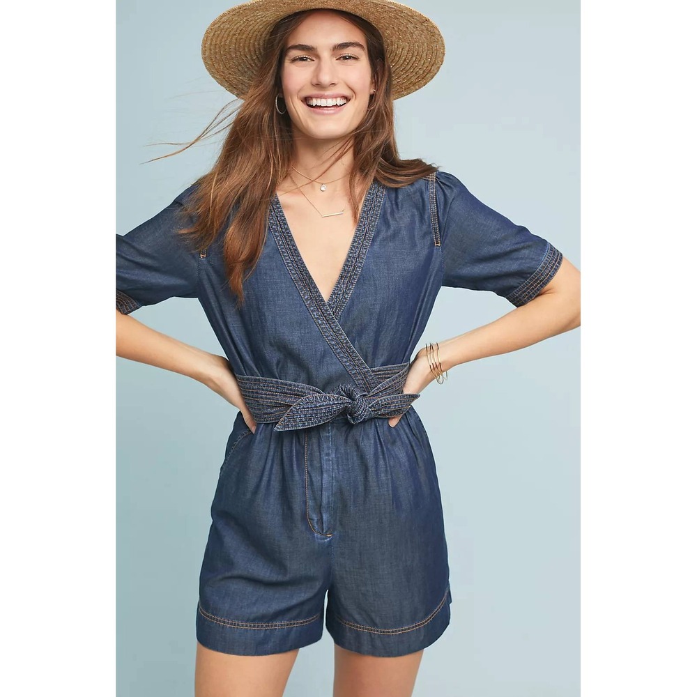 Pilcro Anthropologie Denim Romper Tie Waist‎ Short Sleeve Blue Size 2